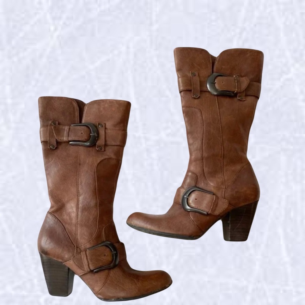 Born Crown Brown Leather Mid Calf Boots Yolanda Side Zipper Buckle Heels